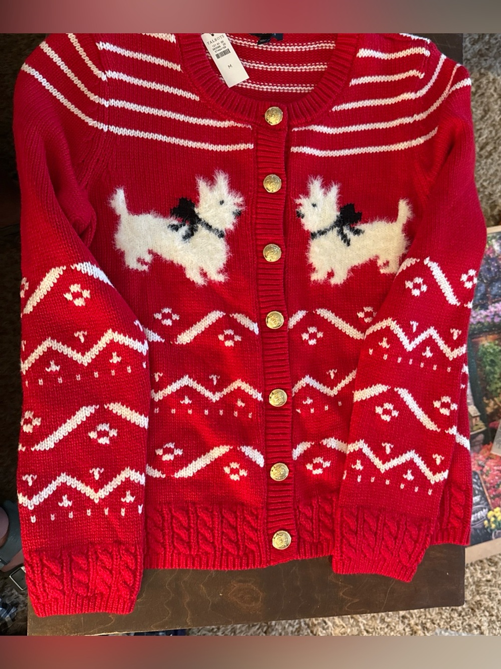 Talbots Plus Scottie Dog Fair Isle Cardigan M Red Gold Button Holiday Preppy new